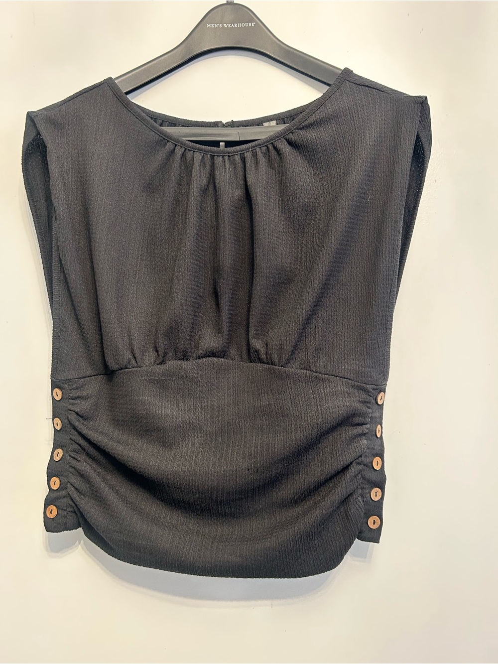Anthropologie Black Short-Sleeve Ruched Side-Button Top